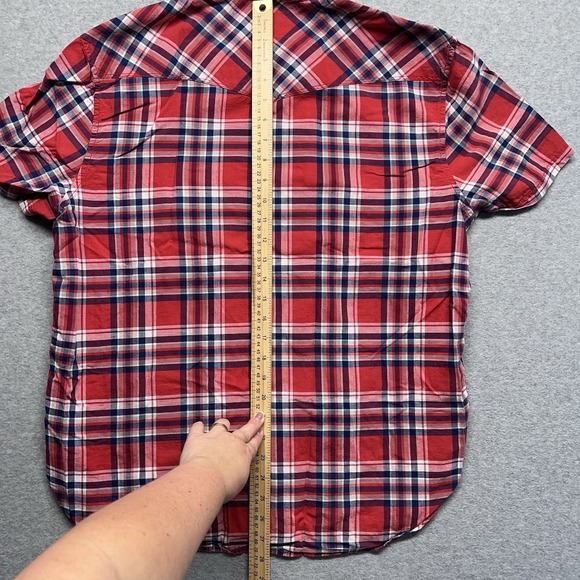 Lucky Brand Western Shirt Pearl Snap Red Plaid Cotton Short Sleeve Button Up L - Picture 16 of 16